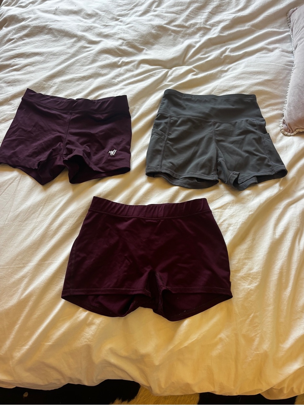 3 Workout Performance Shorts - Plum and Gray - all fit like smalls